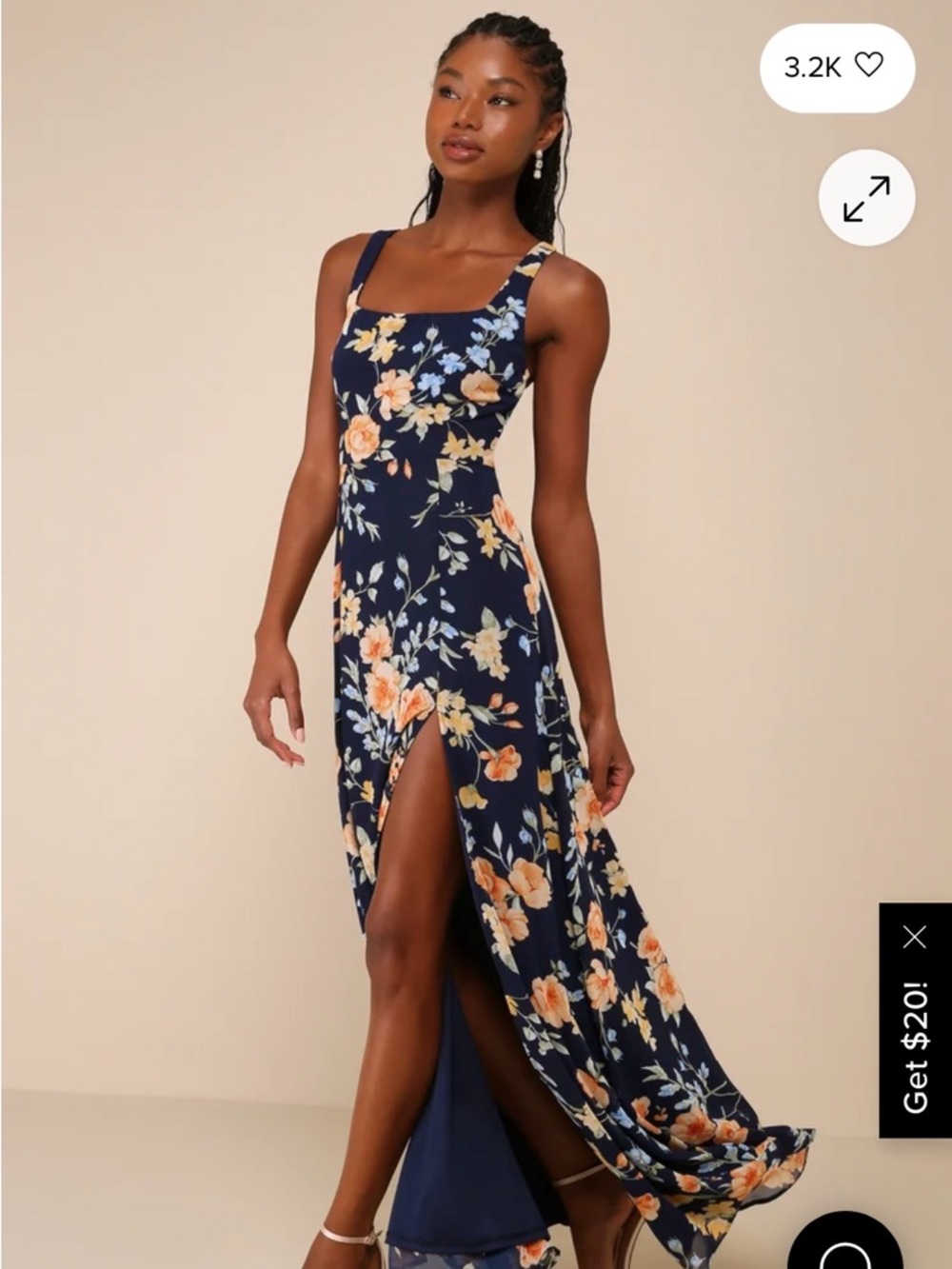 Lulu's Navy Floral Square-Neck Maxi Dress with Front Slit